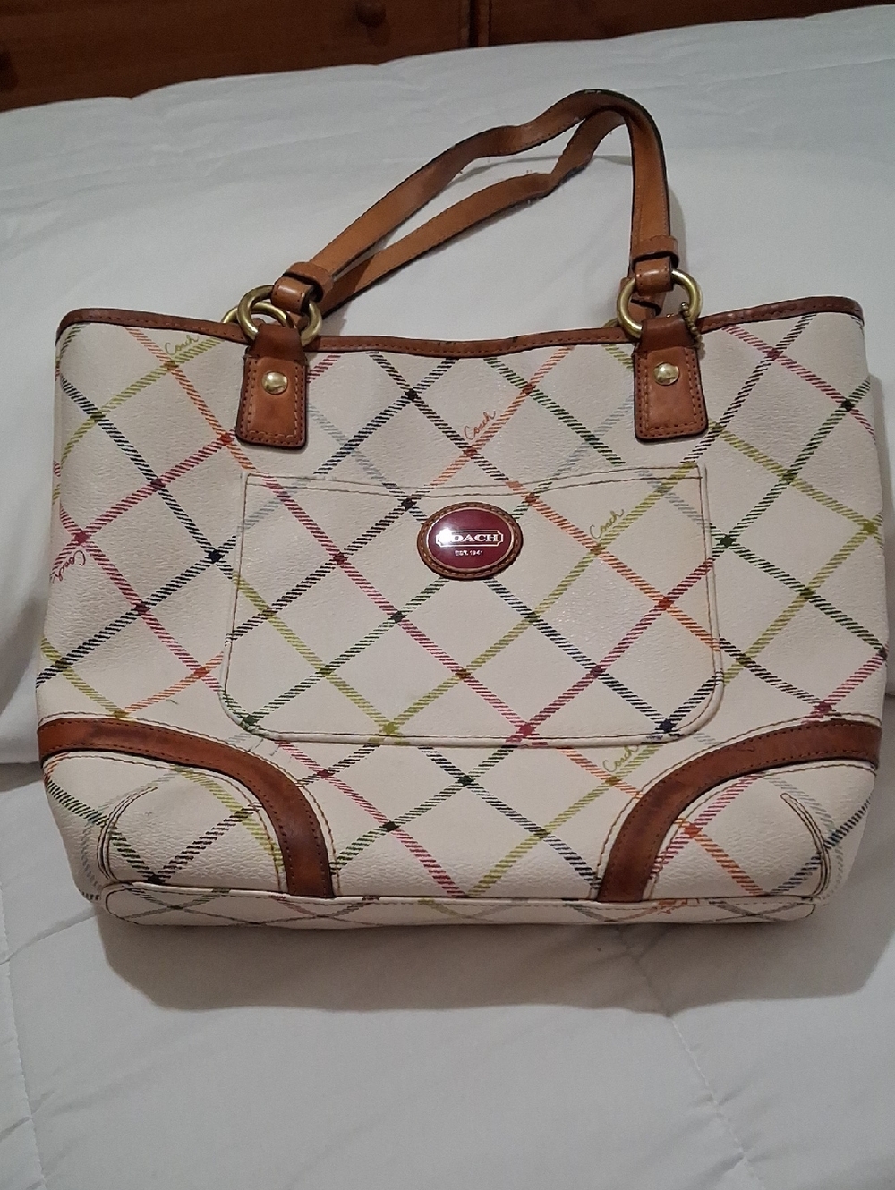 Coach Cream Plaid Tote with Brown Leather Trim and Multicolor Accents